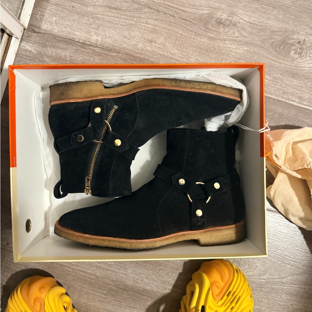 New Republic Black Suede Chelsea Boots with Gold Accents